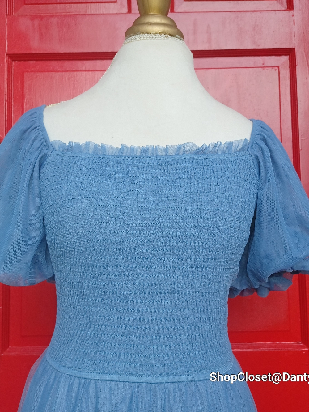 PrettyGarden Dusty Blue Off-Shoulder Tulle Midi Dress - Picture 9 of 14